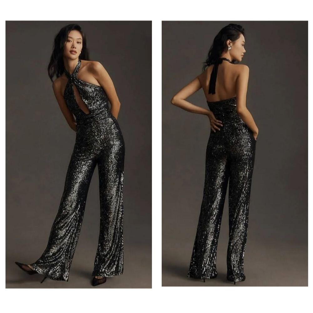 Maeve Sequin Halter Cutout Sexy Stretchy Jumpsuit Black Silver Women's Size 6